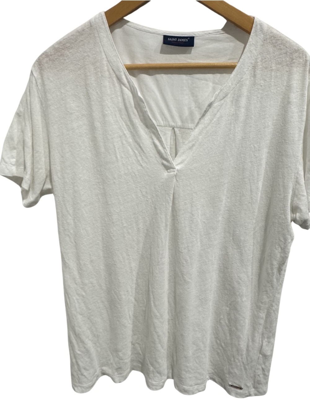 Saint James White Linen Cotton Split Neck Top Short Sleeve Women Size 12 ML